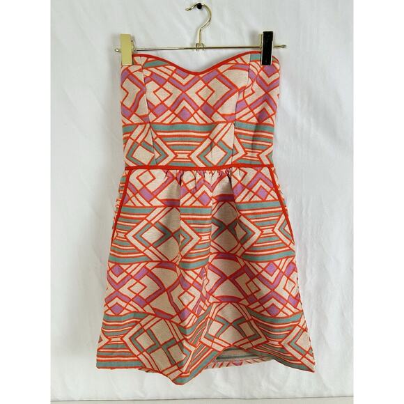 Judith March Dresses & Skirts - Judith March Mini Dress Retro Strapless Bow 70's Geometric Orange Women's Large